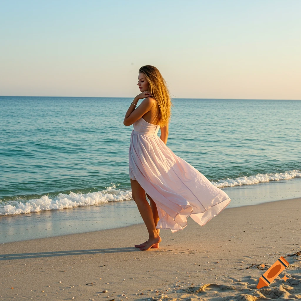 A young woman in a flowing light pink dress walks barefoot on a sandy beach by the ocean.