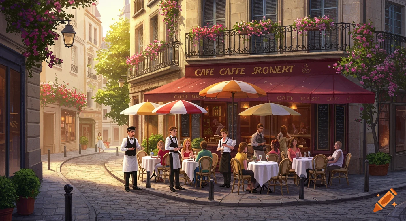 A quaint Parisian street cafe scene with people dining outdoors under umbrellas, surrounded by buildings with balconies and hanging flowers.