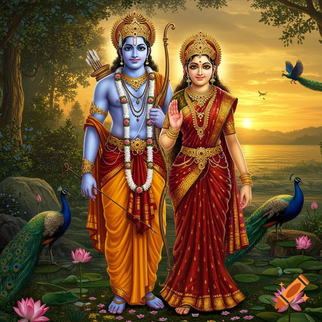 Detailed illustration of blue-skinned Shri Ram and Mata Sita in traditional attire with crowns, jewelry, peacocks, and lotus flowers at sunset.