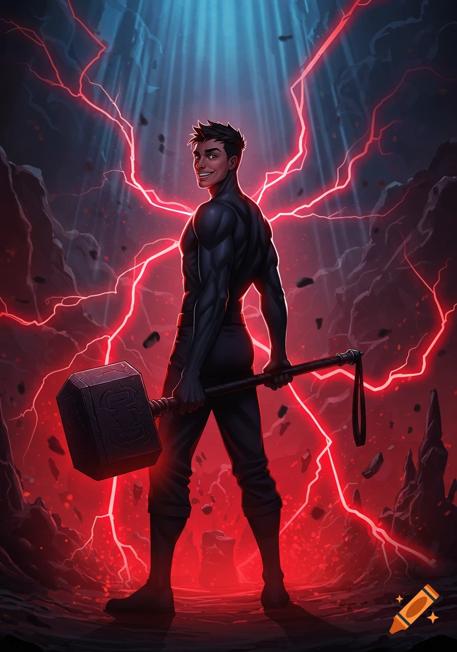 Anime-style muscular man holding a hammer, looking over his shoulder with a confident smile, surrounded by red lightning.