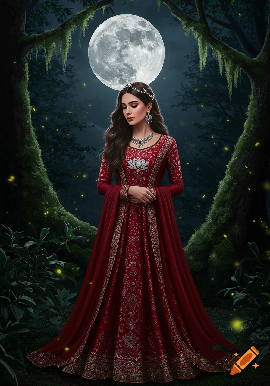 A woman in a red traditional Iranian dress and lotus necklace stands gracefully in a moonlit fantasy forest with fireflies.