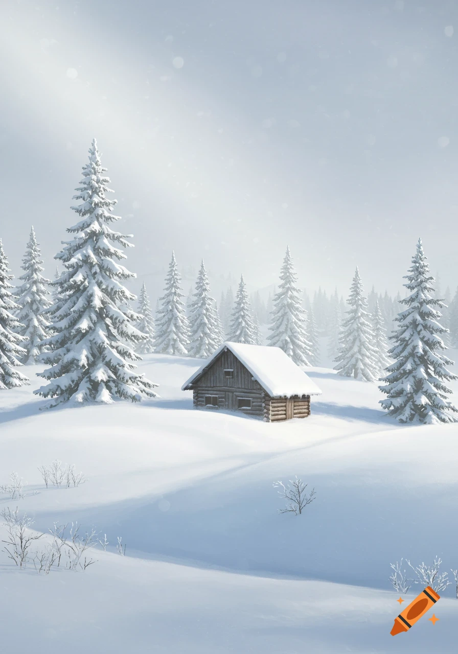 A serene winter landscape with a snow-covered wooden cabin nestled among pine trees on snowy hills during light snowfall.