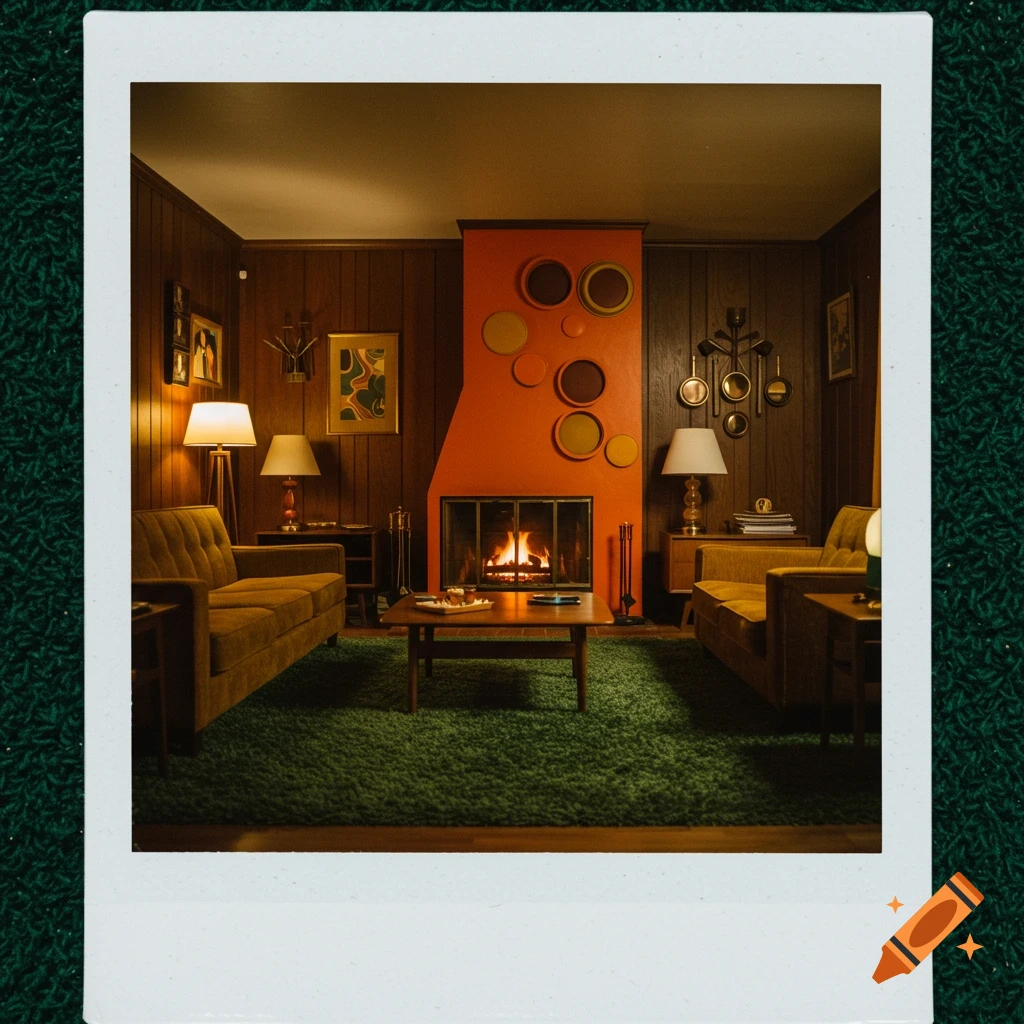 A 70s retro living room with a green shag carpet, an orange fireplace, and warm lighting, presented as a Polaroid photo.