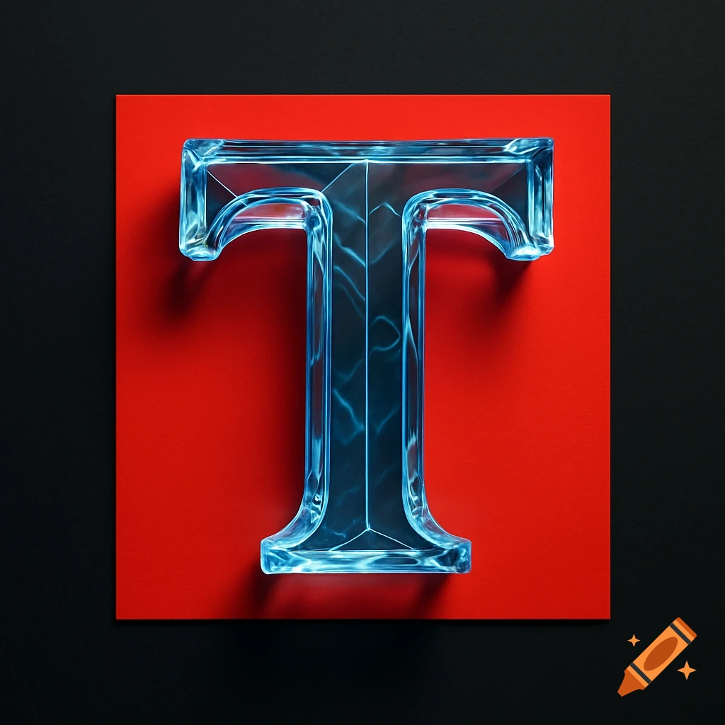 A faceted blue ice-like letter T sits on a red square, set against a black background.