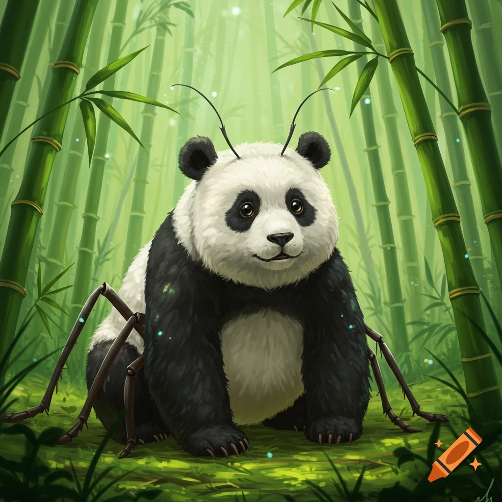 A charming digital art illustration of a panda-ant hybrid with antennae and six insect legs, sitting in a vibrant bamboo forest.