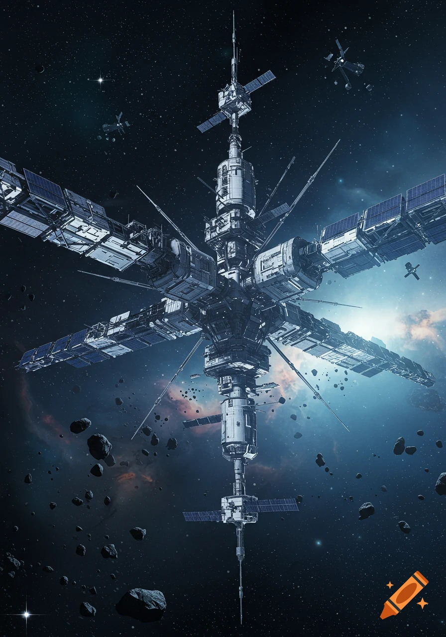 A large, intricate space station floats in deep space among asteroids and a distant nebula, rendered in a detailed style.