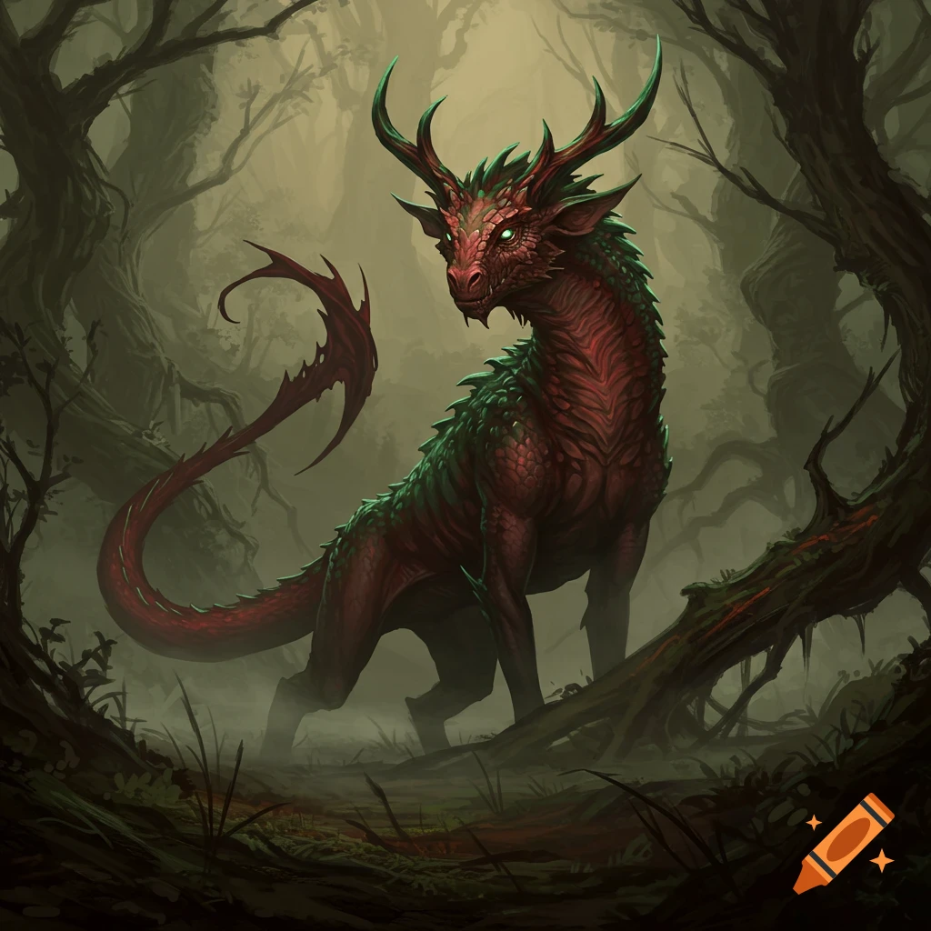 A red and green dragon-like creature with antlers stands in a dark, misty forest.