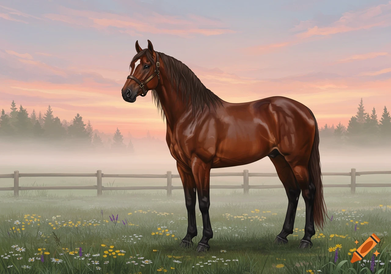 A brown horse stands in a misty field with wildflowers, a wooden fence, and pine trees under a pink and orange sunset sky, digital painting.