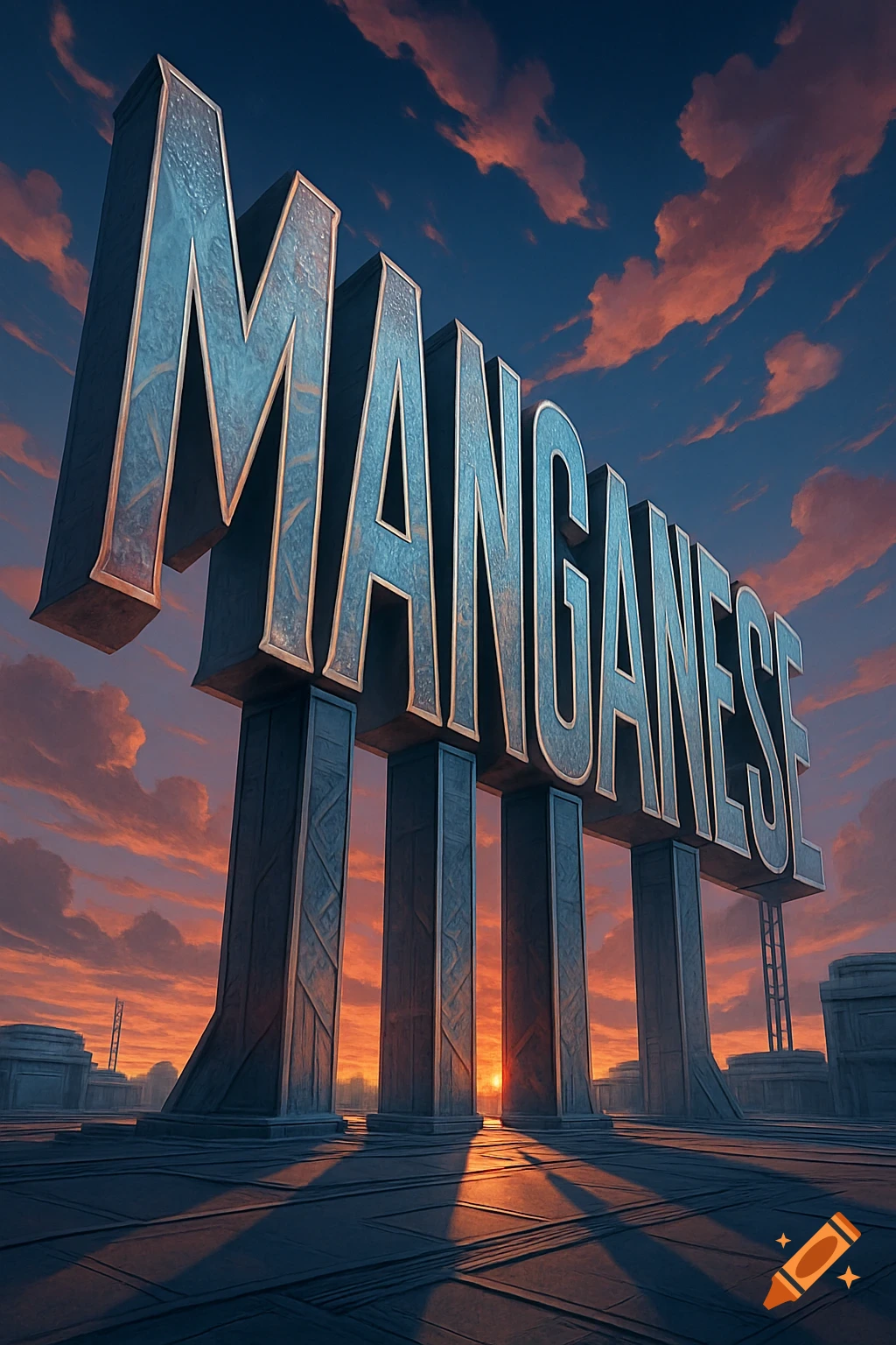 A large, metallic, 3D word "MANGANESE" stands on pillars against a dramatic sunset sky, viewed from a low angle.