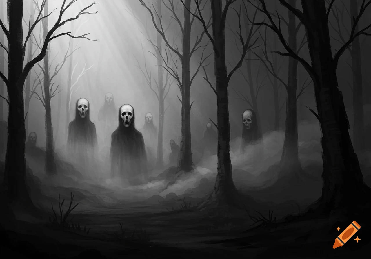 Eerie black and white illustration of skull-faced figures in cloaks emerging from mist in a dark forest with light rays.