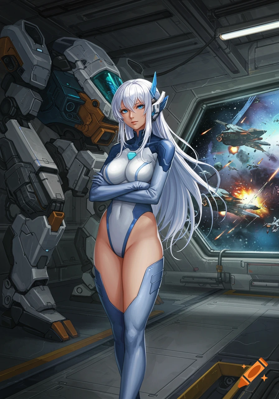 Anime woman in a blue and white bodysuit stands with arms crossed in a spaceship bay with a mech, while a space battle rages outside.