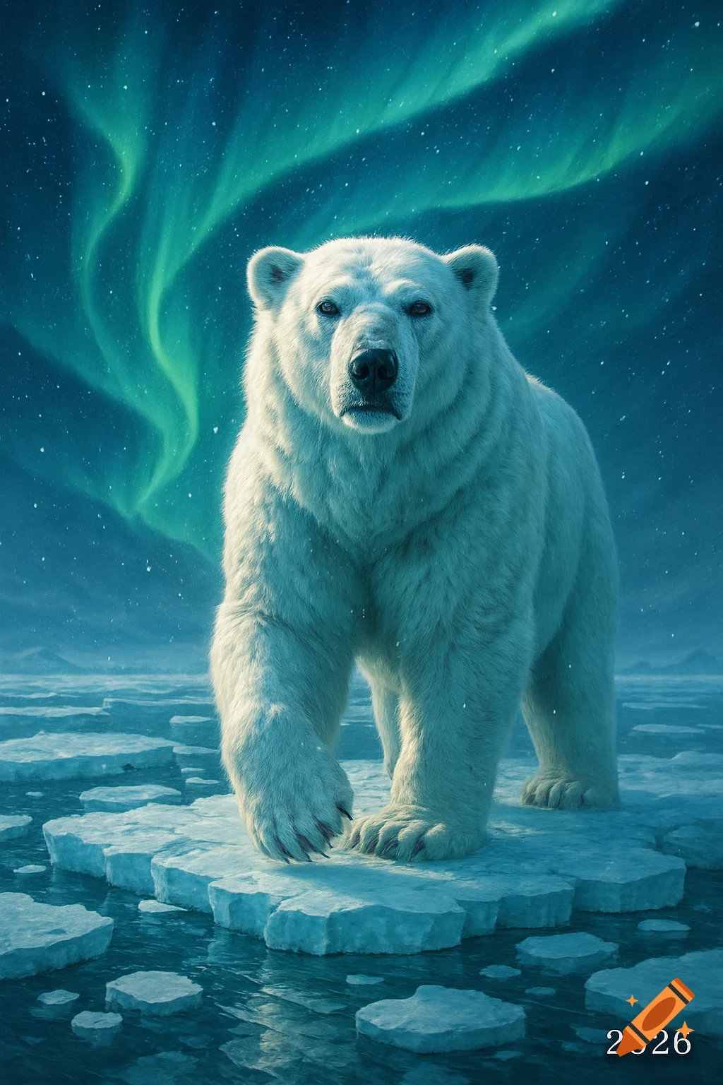 A polar bear stands on ice floes beneath a vibrant green aurora borealis in the arctic.