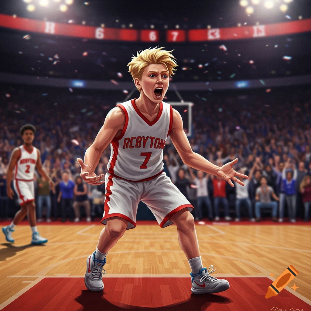 An illustration of a young, blond male basketball player on a court, shouting intensely with his hands out, as confetti falls. Other players and spectators are in the blurred background.