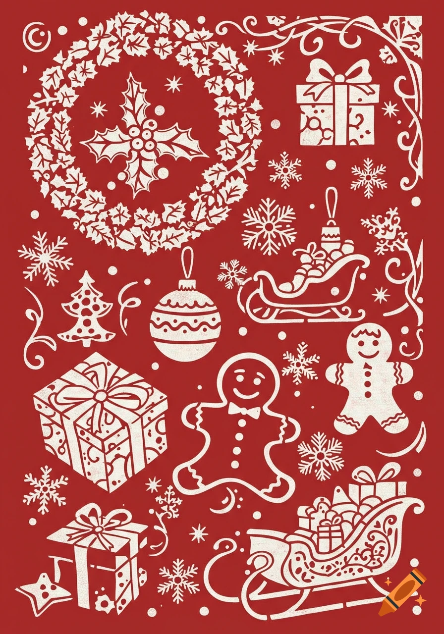 A red background filled with white Christmas stencil illustrations including holly, snowflakes, gifts, ornaments, and gingerbread men.