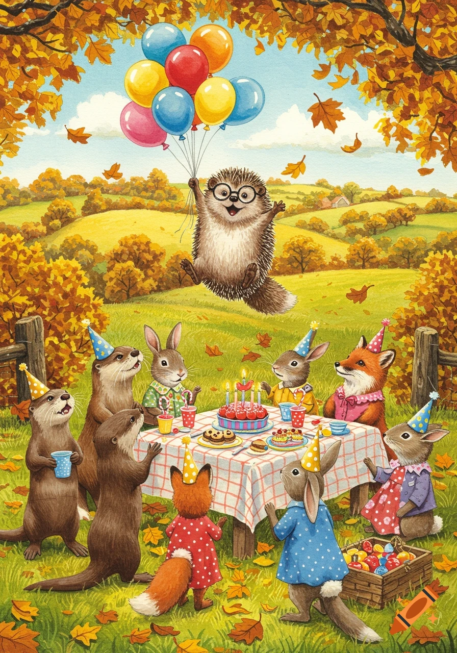 A watercolor illustration of a hedgehog floating with balloons above otters, rabbits, and a fox celebrating a birthday in a sunny autumn countryside.