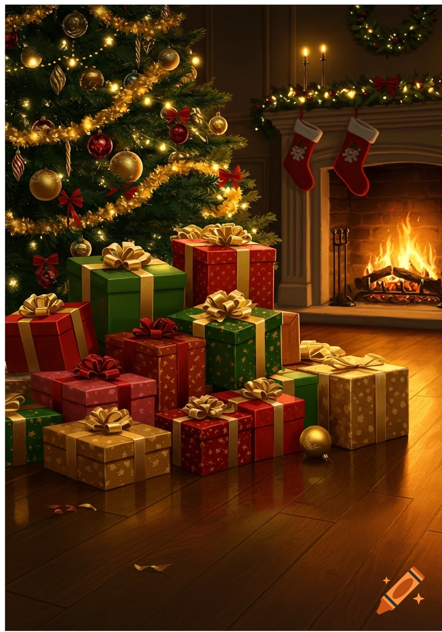 A cozy Christmas scene with a decorated tree and numerous wrapped presents by a warm fireplace with stockings.