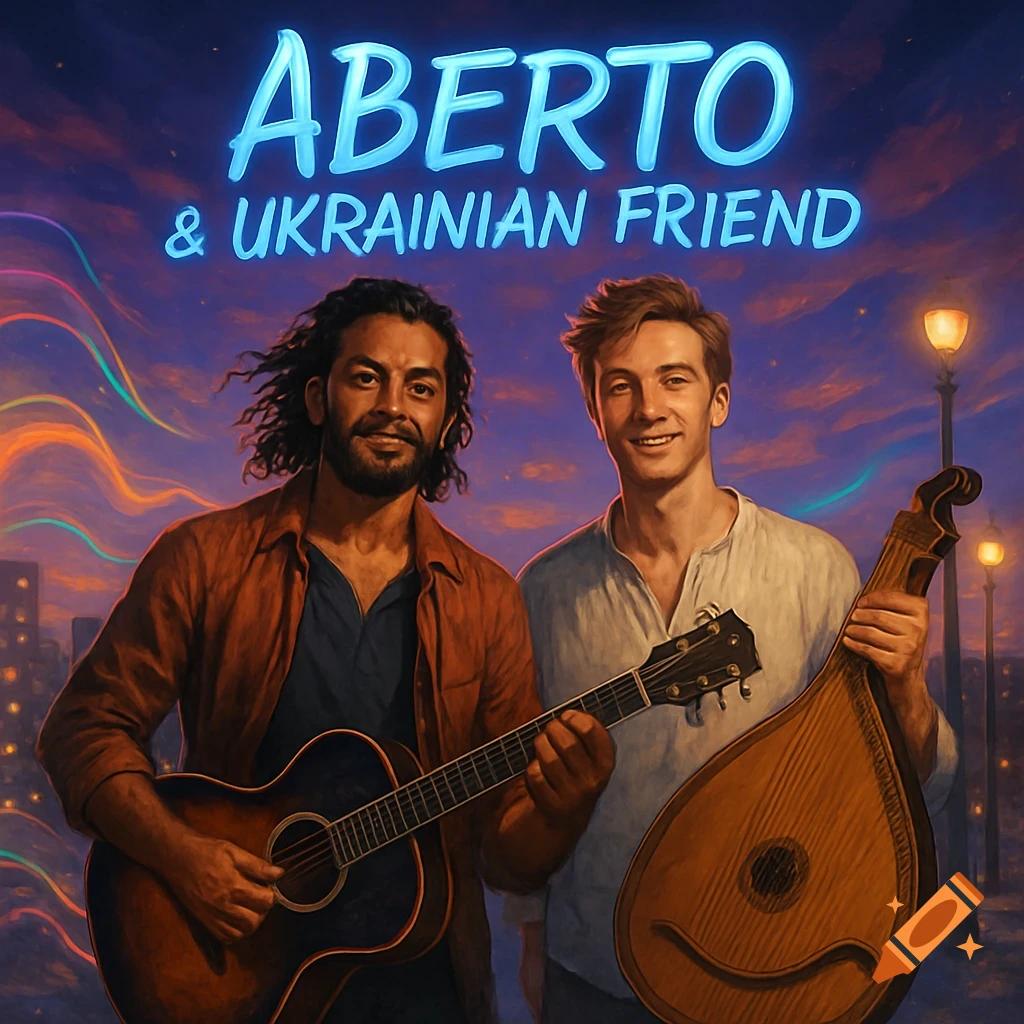 Two musicians, one with a guitar, the other with a bandura, under neon text 'ABERTO & UKRAINIAN FRIEND' at night.