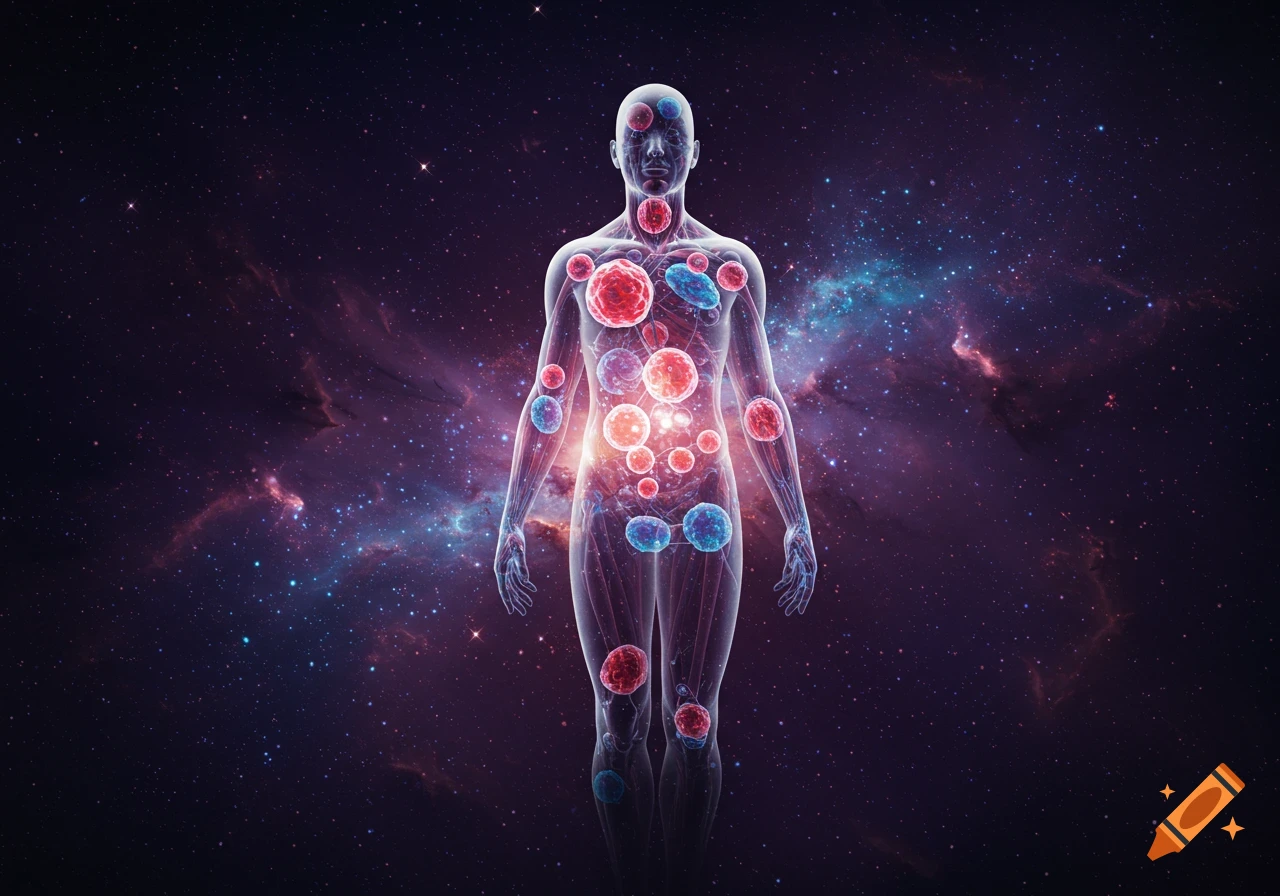 A translucent human figure glows with red and blue cells inside, standing against a vibrant starry nebula in deep space.