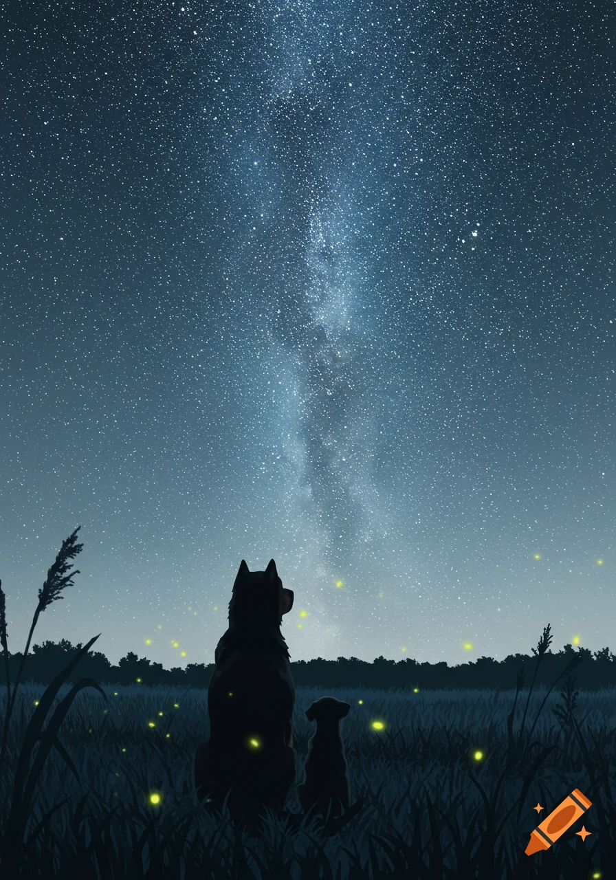 Silhouettes of a large dog and a small dog sit in a field, looking up at the starry night sky with the Milky Way and fireflies.