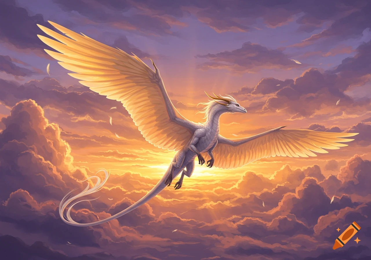 A white sky dragon with golden feathered wings flies through a vibrant orange and purple sunset sky with clouds.