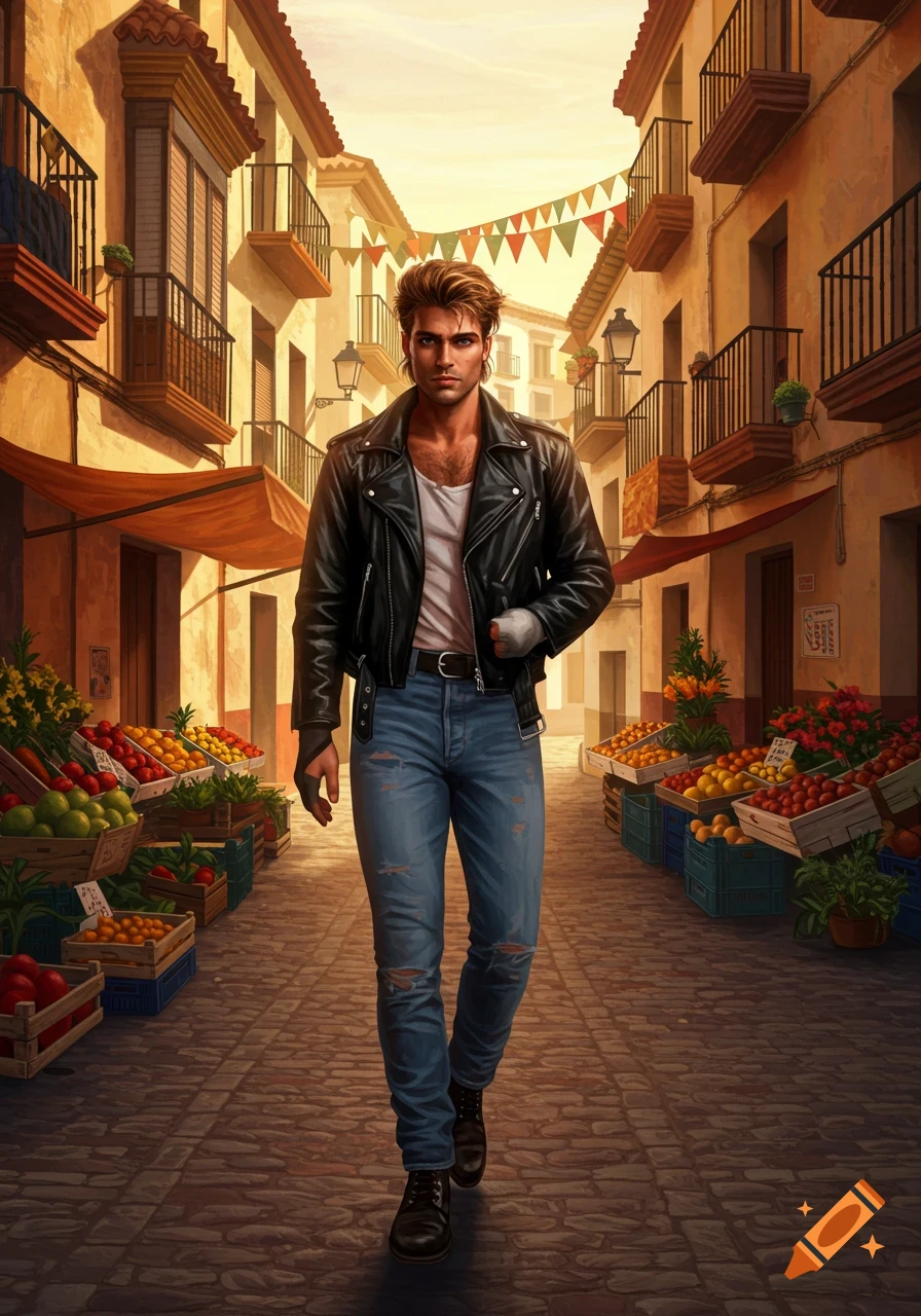 A handsome man in a black leather jacket and jeans walks down a sunny Spanish market street with fruit stalls.