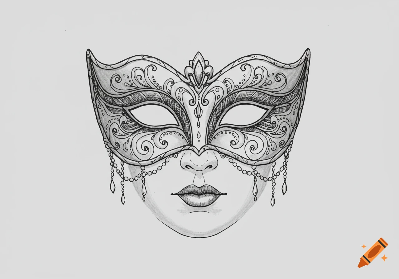 A black and white line drawing of an ornate mask with decorative swirls, beads, and subtle shading, depicted over a nose and lips.