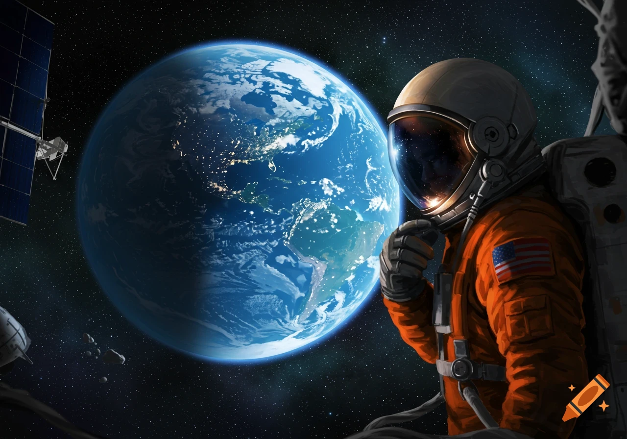 An astronaut in an orange spacesuit floats in space, looking at the Earth glowing in the background, with a satellite nearby.
