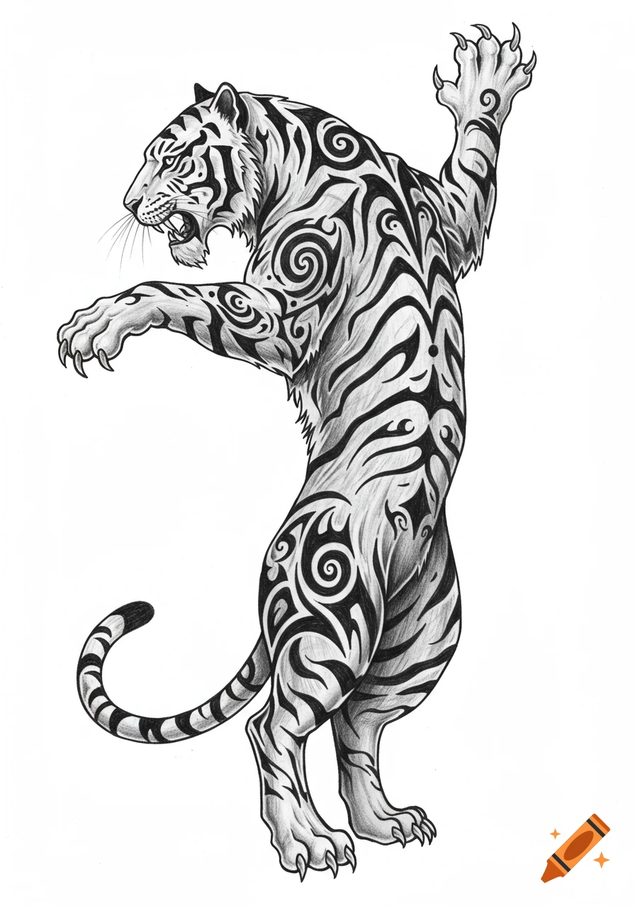 A detailed black and white pencil sketch of a tiger rearing up in an attack pose, covered in intricate tribal markings.