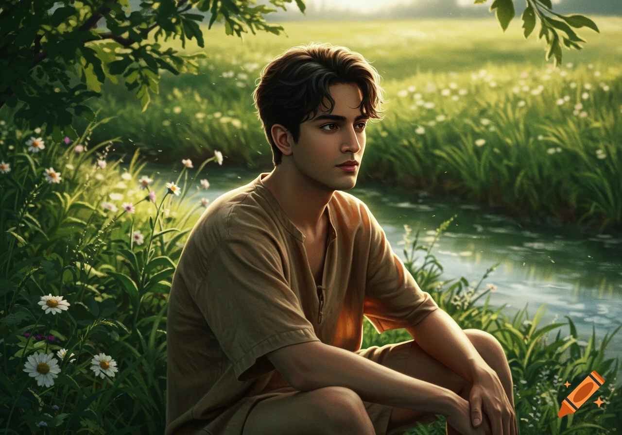 A young man with dark hair crouches by a stream in a sunlit meadow with wildflowers and lush green grass.