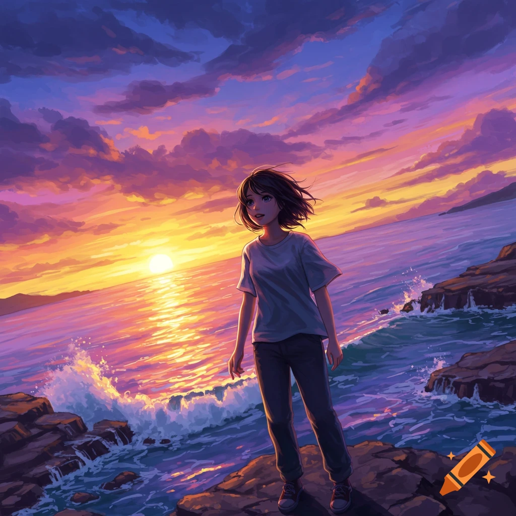 An anime girl stands on rocks by the ocean, observing a vivid sunset with orange, pink, and purple clouds, in a digital art style.
