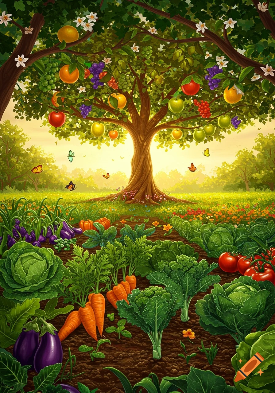 A vibrant illustration of a lush garden with a large fruit tree and rows of vegetables under a sunny sky.