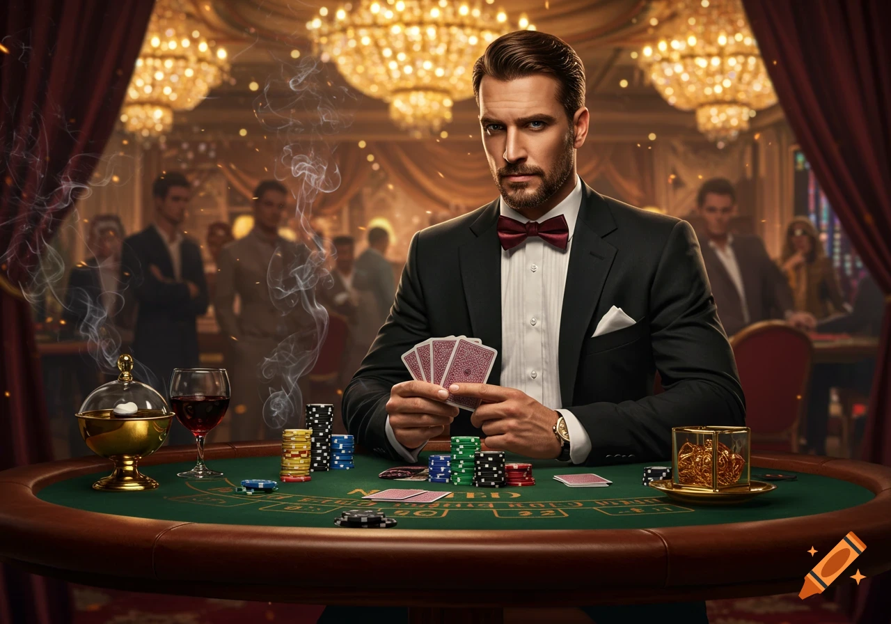 A man in a tuxedo with a bow tie holds playing cards at a green casino table with chips, in a luxurious, dimly lit casino.