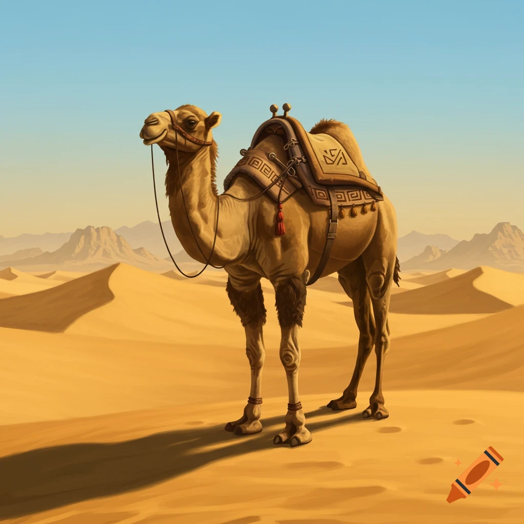 A stylized camel with a decorative saddle stands in a vast, sunny desert with sand dunes and mountains under a blue sky.