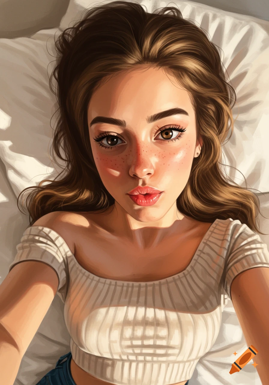 Stylized digital art portrait of a young woman taking a selfie while lying on white pillows, looking directly at the camera.