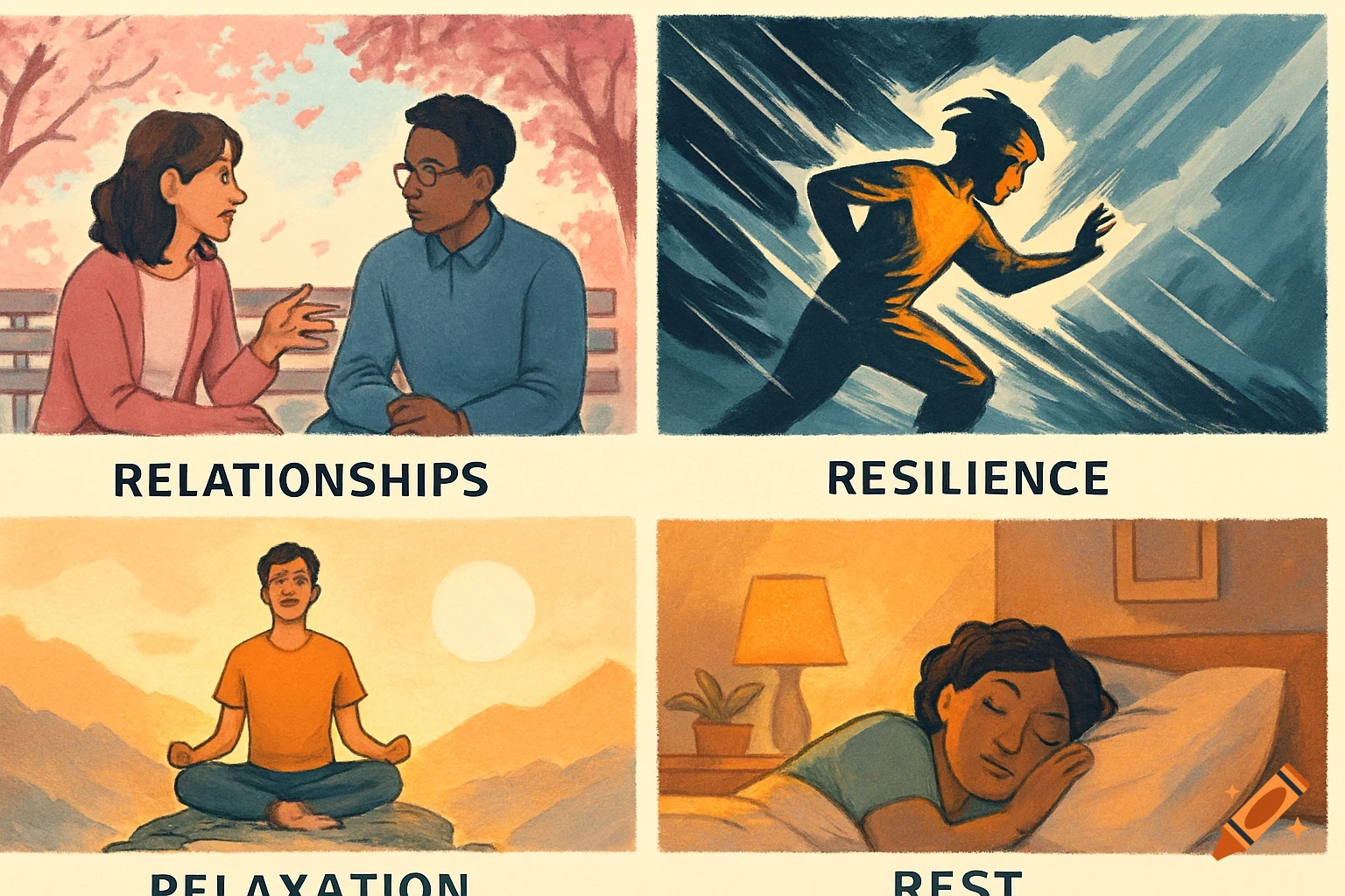 A four-panel comic strip illustrating 'Relationships,' 'Resilience,' 'Relaxation,' and 'Rest' in a vibrant, illustrative style.