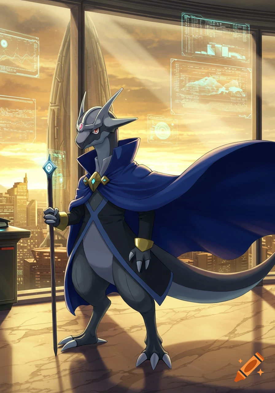 A dragon-like creature in a blue cape and suit holds a staff in a futuristic office overlooking a city at sunset, anime style.