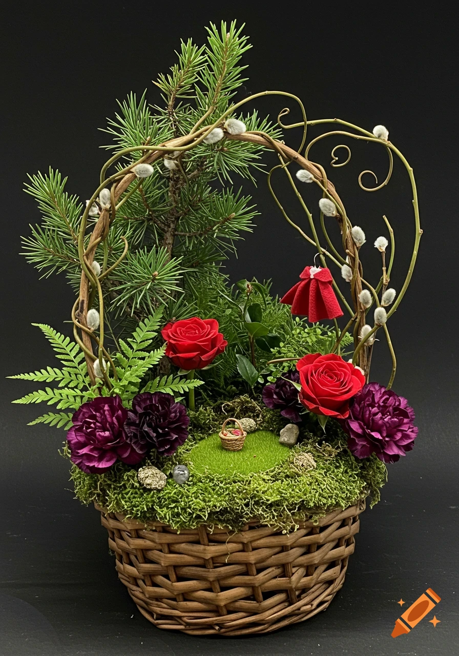 A whimsical basket floral arrangement with moss, pine, ferns, red roses, purple carnations, curly willow, a tiny basket, and a mini red cape.