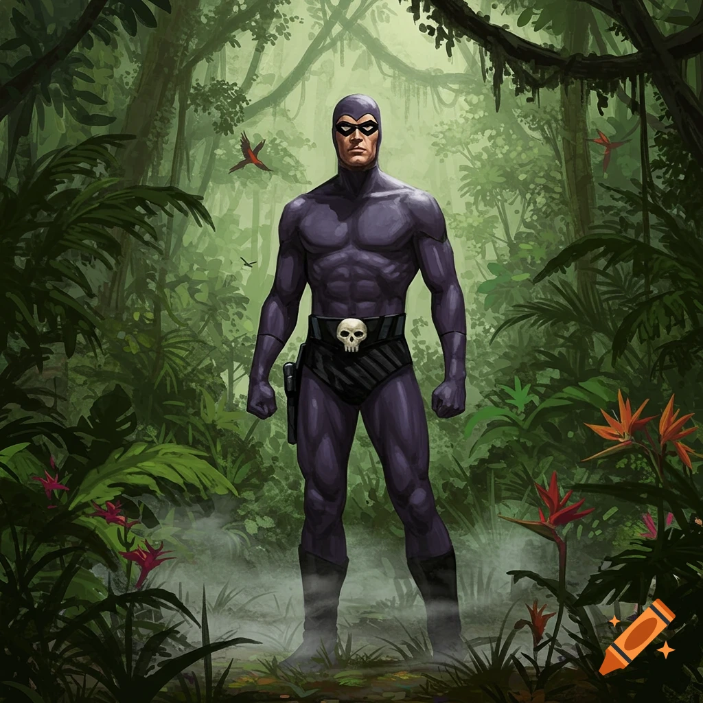 The Phantom, a muscular superhero in a purple suit with a skull belt, stands in a lush, green jungle with red flowers and flying birds, in a comic art style.
