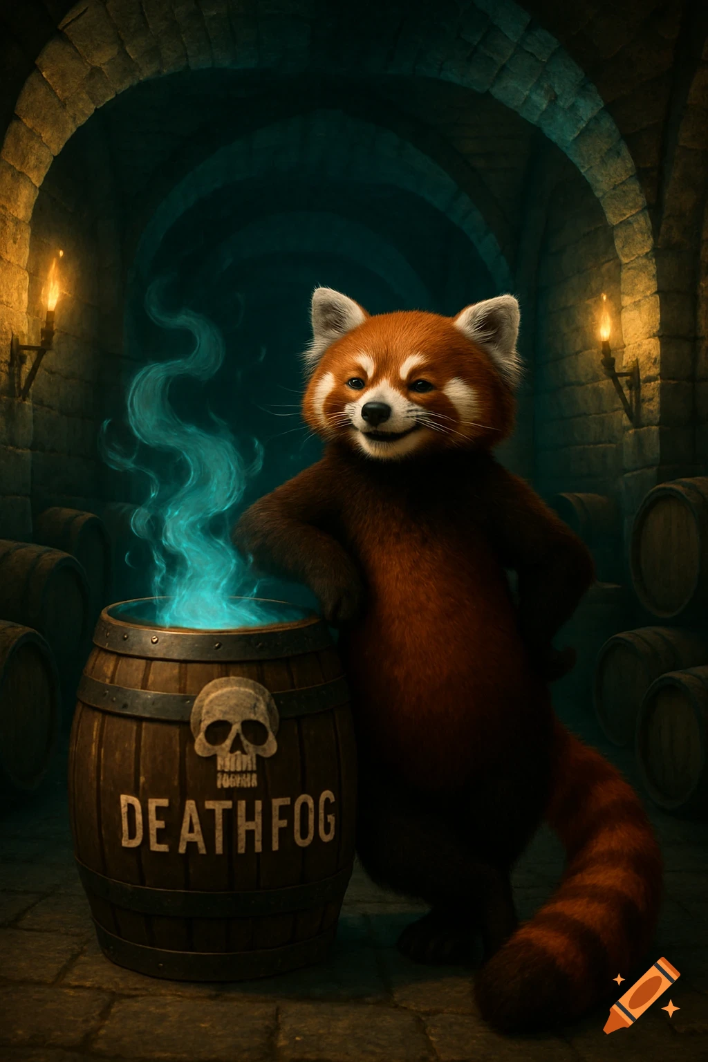 A mischievous humanoid red panda leans on a barrel labeled 'DEATHFOG' with a skull, emitting blue-green smoke in a dark, torch-lit cellar.