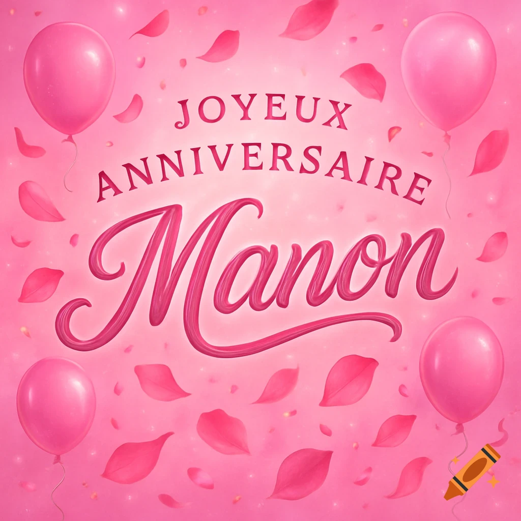 Pink birthday greeting card with 'JOYEUX ANNIVERSAIRE Manon' in decorative script, surrounded by pink balloons and rose petals.