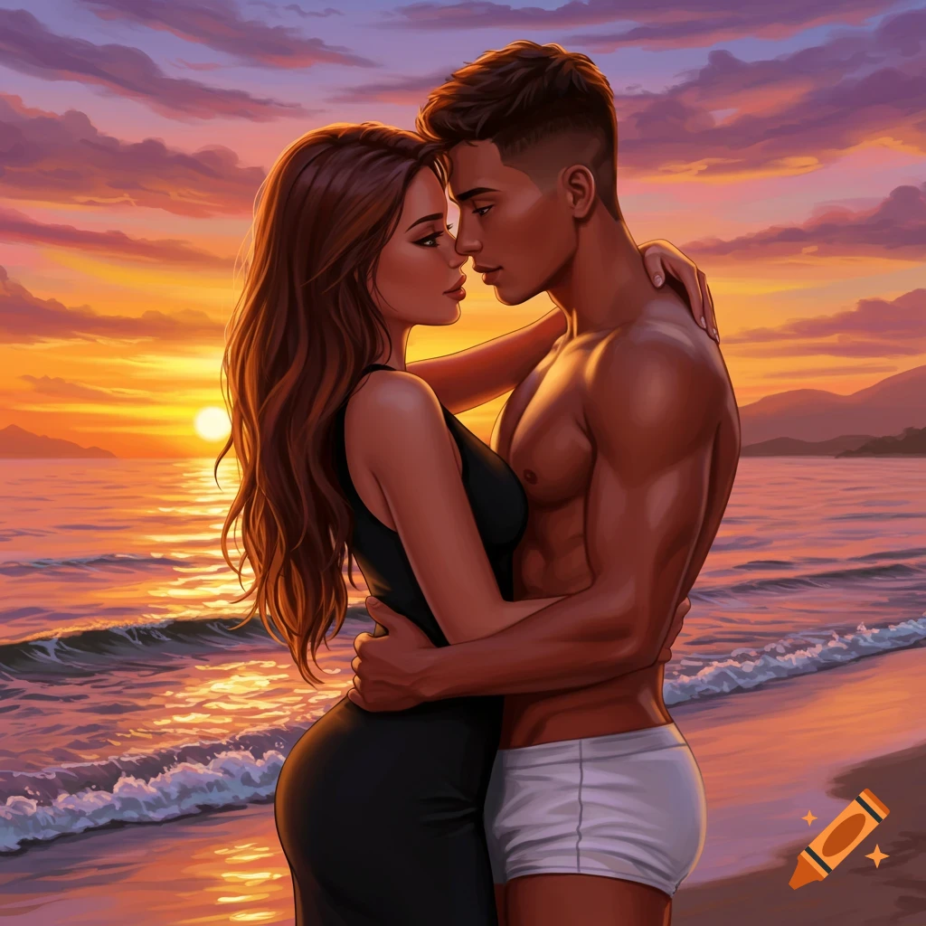 An illustration of a couple embracing on a beach with a vivid sunset over the ocean.
