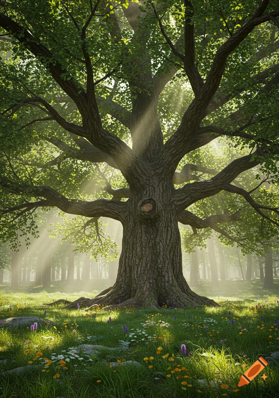 A majestic ancient tree with green leaves in a sun-dappled forest, surrounded by a meadow with grass and colorful wildflowers.