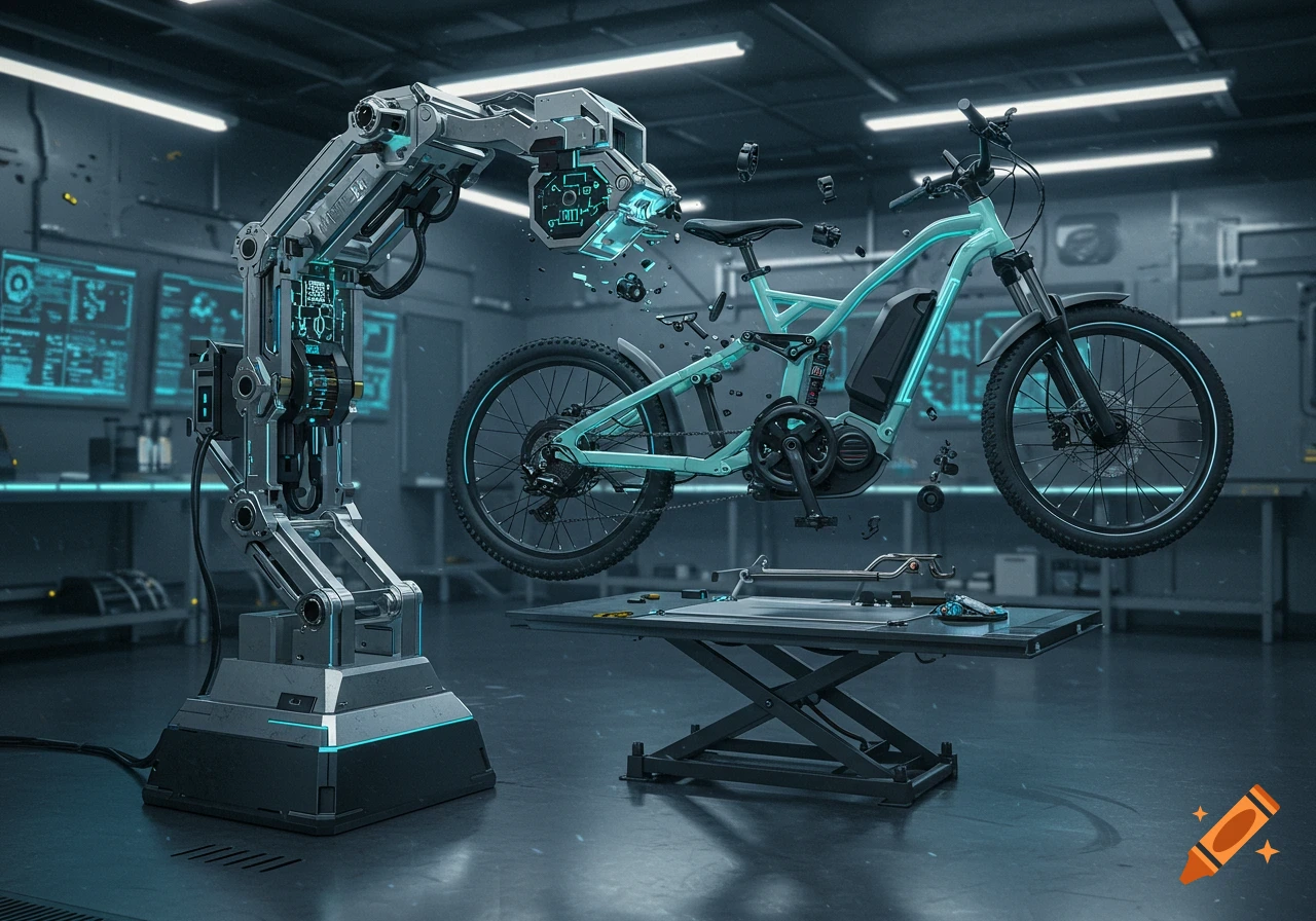 A futuristic robotic arm disassembling a teal e-bike in a high-tech workshop with glowing screens and tools.