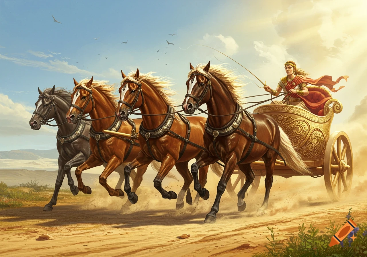 A person in ancient garb drives a golden chariot pulled by four galloping horses across a desert landscape under a clear sky.