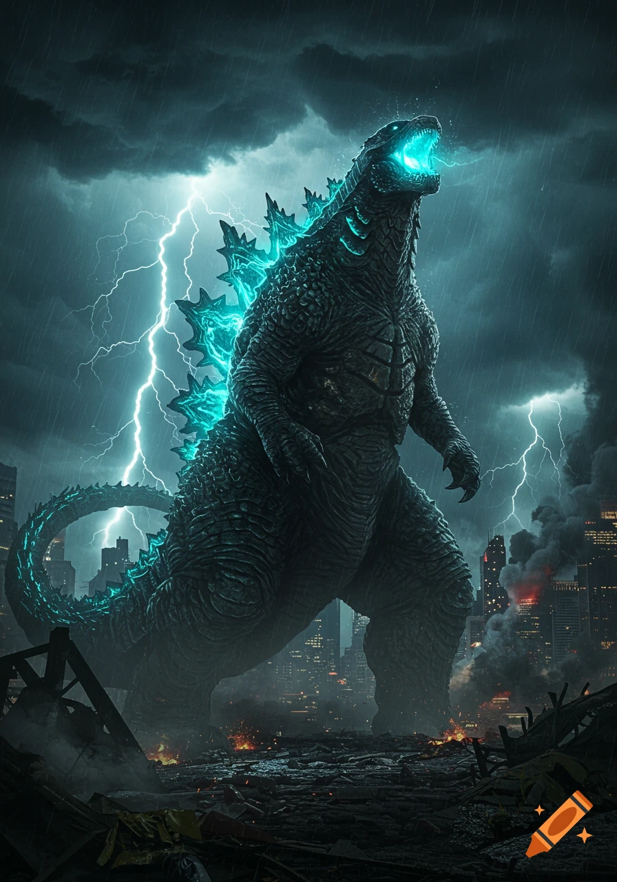 A giant, glowing blue Godzilla roars in a destroyed city during a stormy night with lightning.