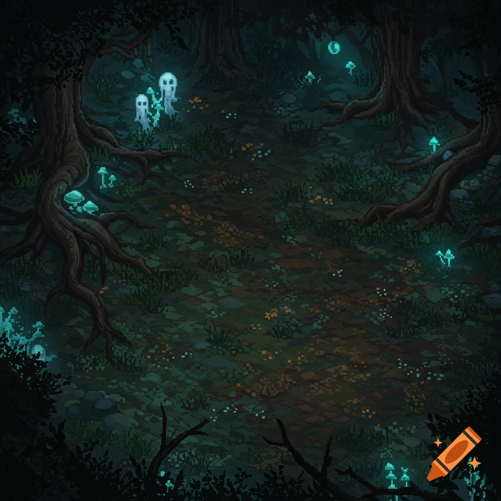Pixel art of a dark, eerie fantasy forest floor with glowing blue mushrooms, two white ghosts, and gnarled tree roots, viewed from above.