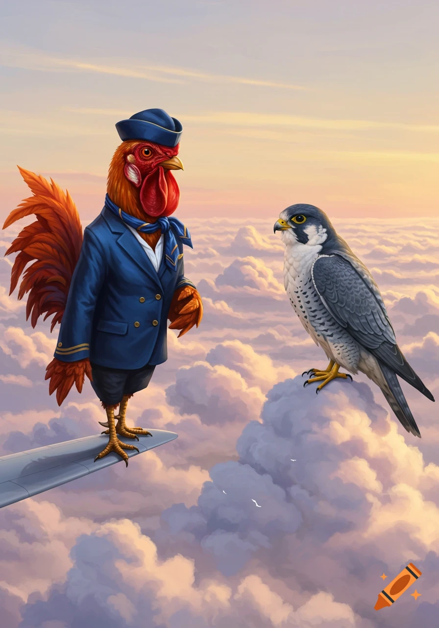 A rooster in a flight attendant uniform stands on a plane wing, gazing at a falcon perched on a cloud in the sky at sunset.