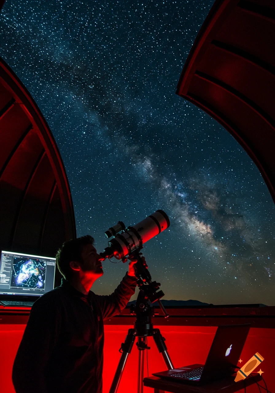 An astronomer in an observatory looks through a telescope at the starry night sky with the Milky Way visible, illuminated by red light.
