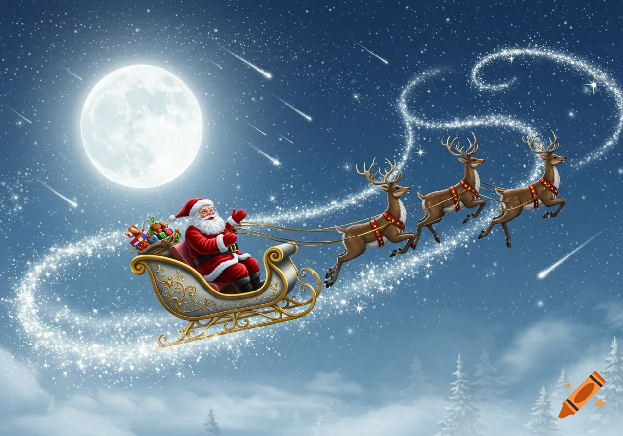 Santa Claus in a sleigh pulled by three reindeer, flying across a starry night sky with a full moon.