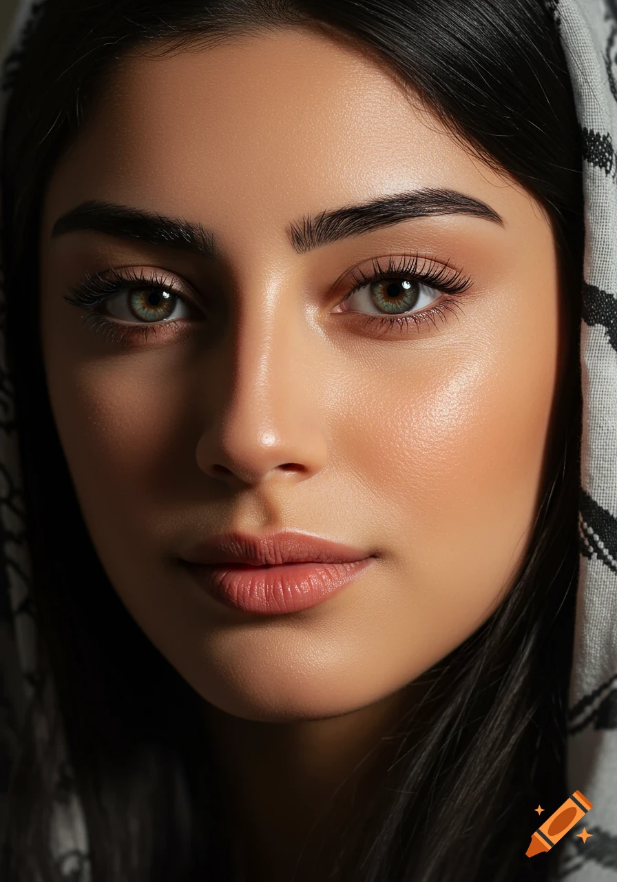 A close-up, photorealistic facial portrait of a young woman with dark hair and green eyes, wearing a patterned head covering.